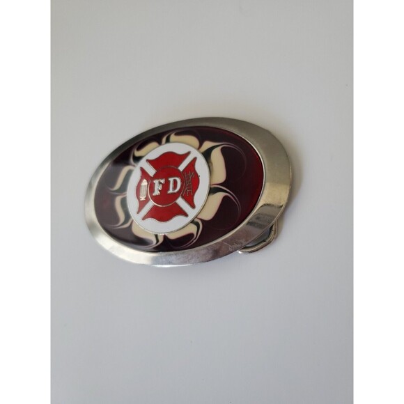 Vintage Silver Tone and Red Oval Fire Department Belt Buckle 2.5 IN Wide - Picture 3 of 7